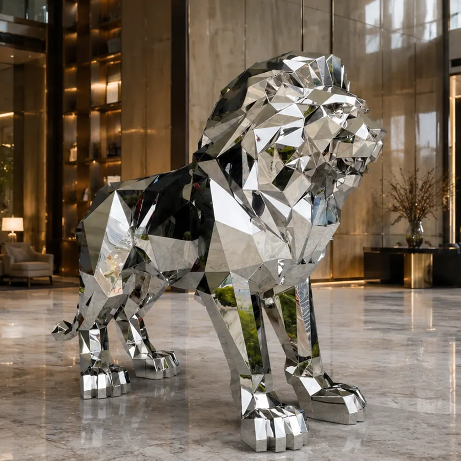 Modern Stainless Steel Lion Statue for Commercial Entrance