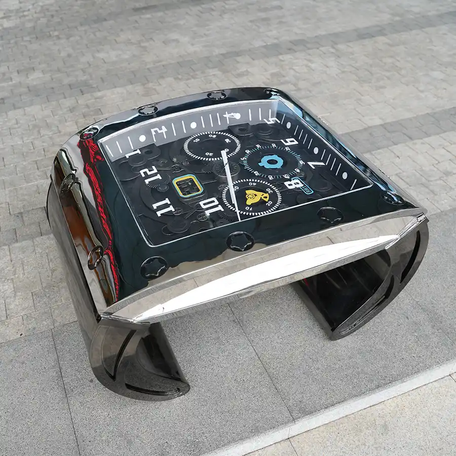 Stainless Steel Coffee Table with Built-In Clock | Luxury Sculptural Timepiece Table