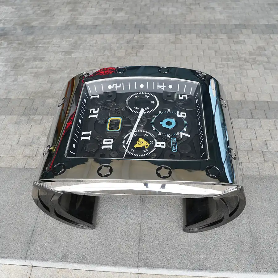 Stainless Steel Coffee Table with Built-In Clock | Luxury Sculptural Timepiece Table