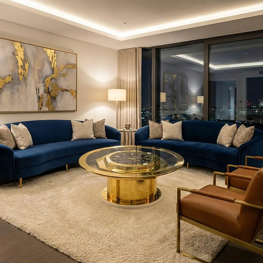 Luxury Gold Stainless Steel Clock Coffee Table | Modern Round Glass Functional Art Table for Executive Office & Home Decor