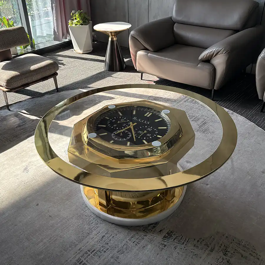 Luxury Gold Stainless Steel Clock Coffee Table | Modern Round Glass Functional Art Table for Executive Office & Home Decor