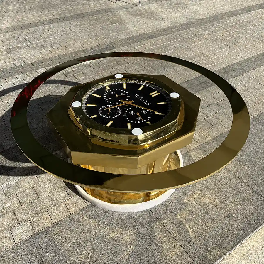 Luxury Gold Stainless Steel Clock Coffee Table | Modern Round Glass Functional Art Table for Executive Office & Home Decor