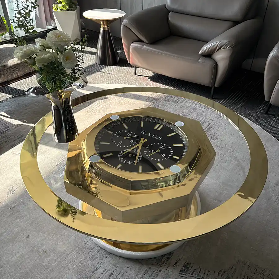 Luxury Gold Stainless Steel Clock Coffee Table | Modern Round Glass Functional Art Table for Executive Office & Home Decor