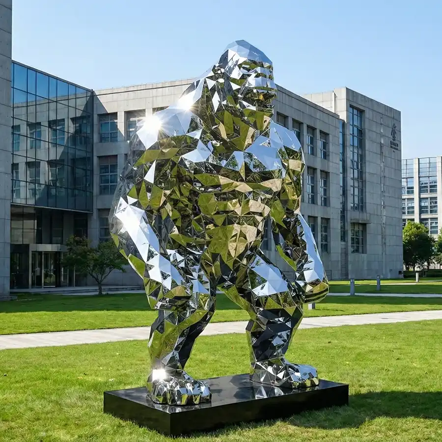 Mirror Polished Geometric Faceted Stainless Steel Gorilla Sculpture for Luxury Mall & Public Space