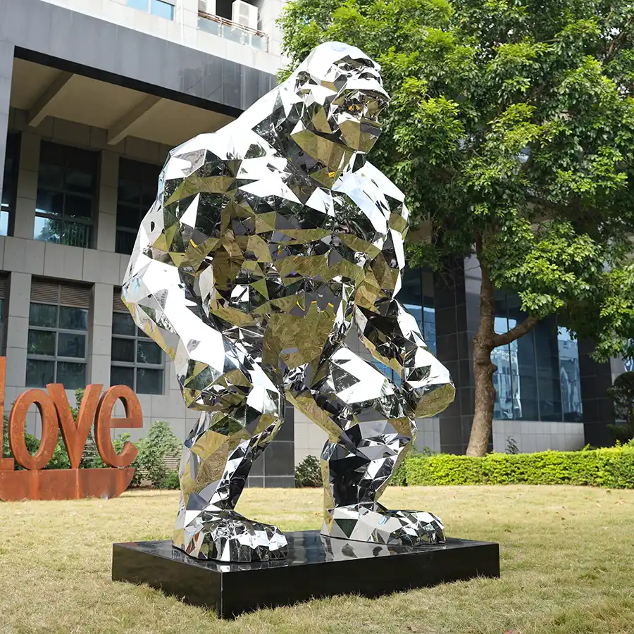 Mirror Polished Geometric Faceted Stainless Steel Gorilla Sculpture for Luxury Mall & Public Space