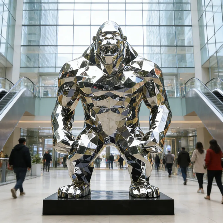 Mirror Polished Geometric Faceted Stainless Steel Gorilla Sculpture for Luxury Mall & Public Space