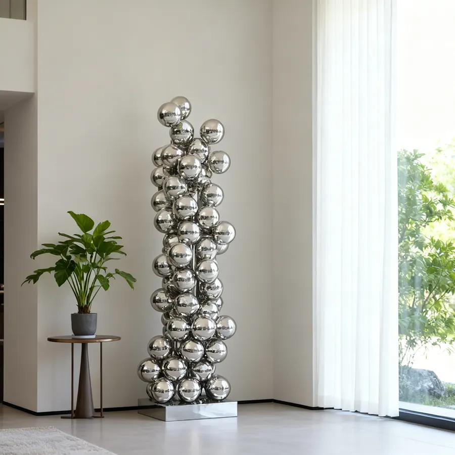 Stainless Steel Mirror Ball Cluster Sculpture for Luxury Interior Decoration