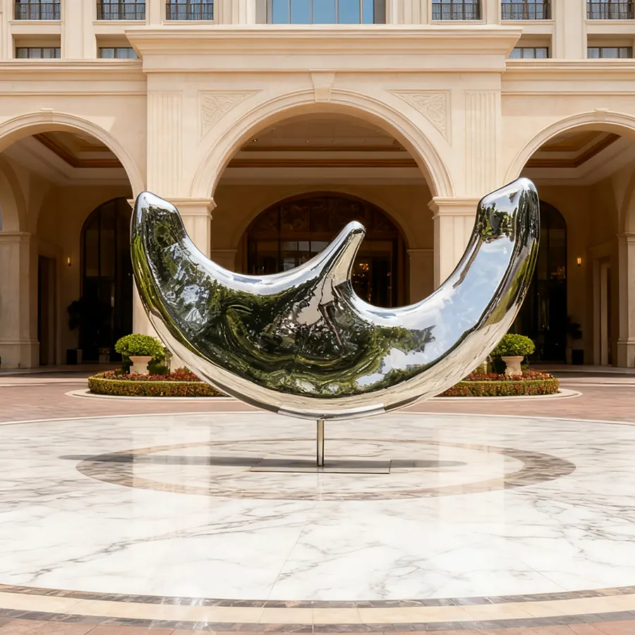 Moon-Shaped Stainless Steel Landscape Sculpture | Modern Outdoor Crescent Art for Public Spaces