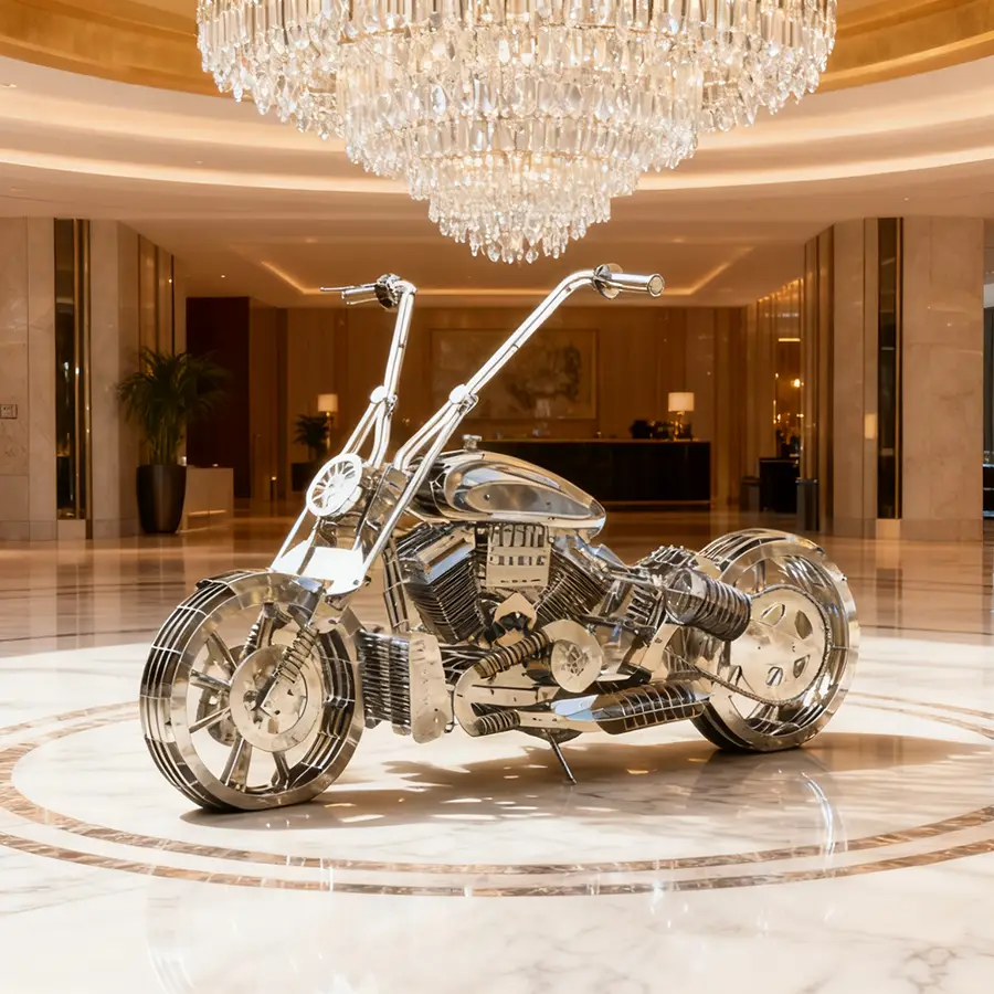 Stainless Steel Motorcycle Sculpture for Interior Decor | Luxury Metal Art Installation