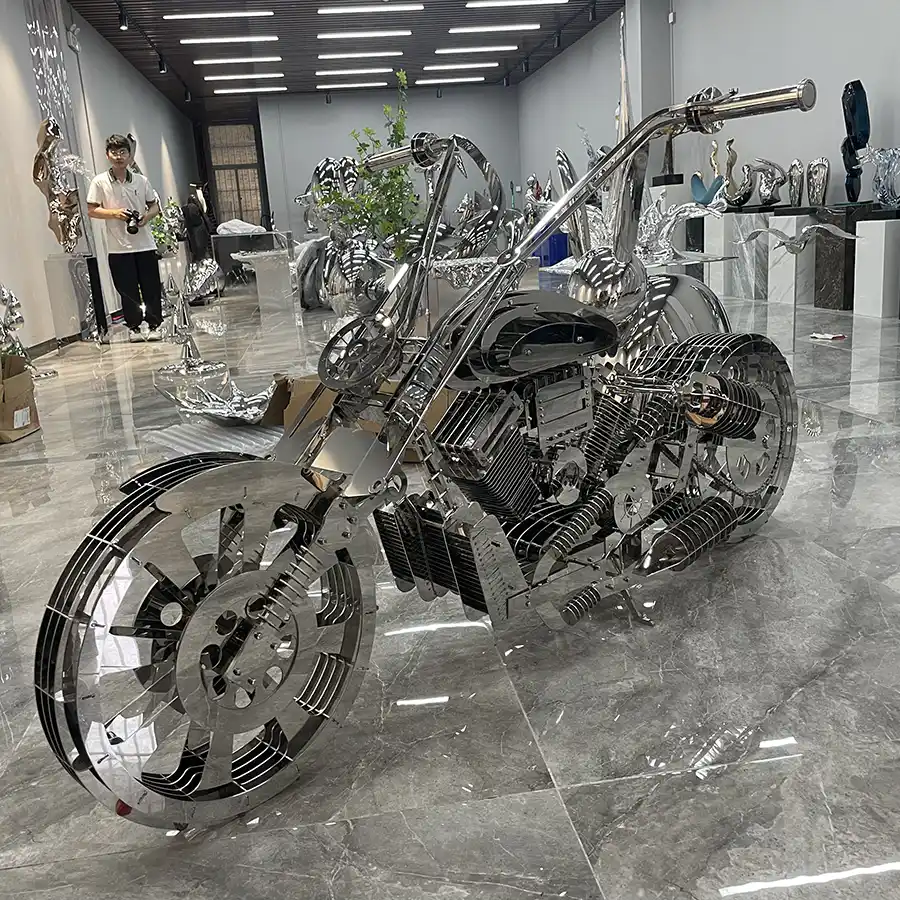 Stainless Steel Motorcycle Sculpture for Interior Decor | Luxury Metal Art Installation