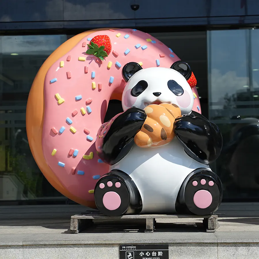Fiberglass Panda Sculpture with Donut | Cute Cartoon Display for Shopping Mall & Bakery Décor
