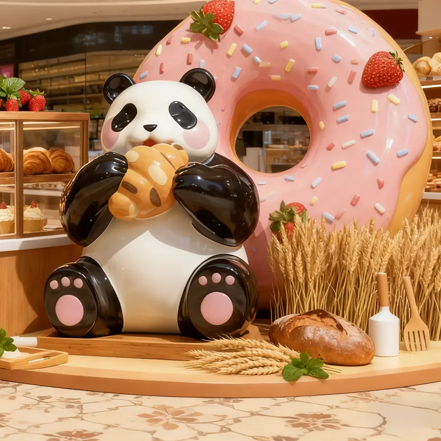 Fiberglass Panda Sculpture with Donut | Cute Cartoon Display for Shopping Mall & Bakery Décor