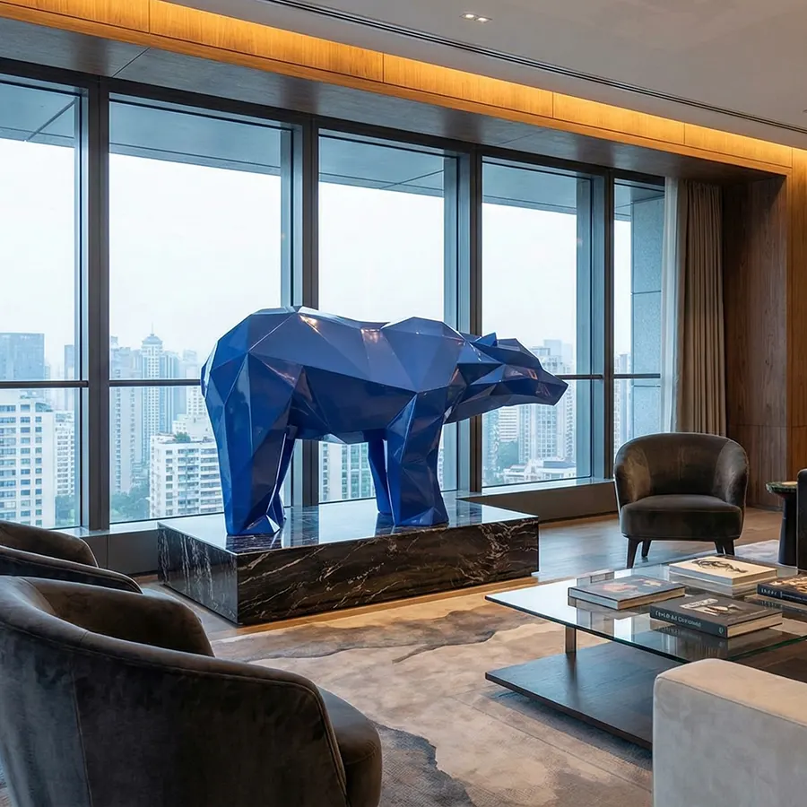 Geometric Blue Stainless Steel Bear Sculpture for Luxury Interior Décor