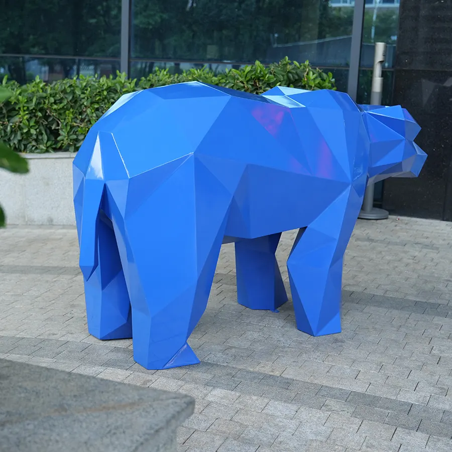 Geometric Blue Stainless Steel Bear Sculpture for Luxury Interior Décor