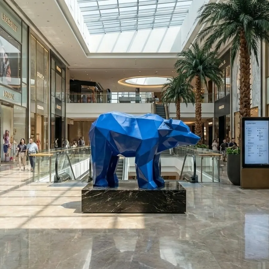 Geometric Blue Stainless Steel Bear Sculpture for Luxury Interior Décor