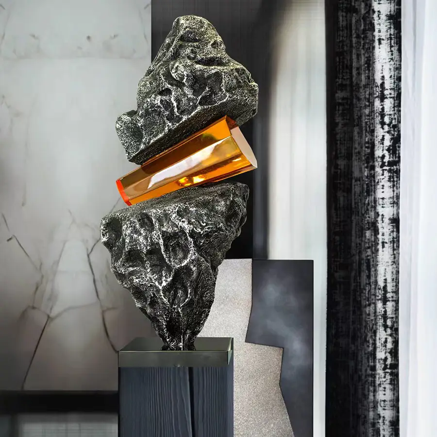 Modern Resin Rock & Amber Sculpture for Interior Decoration