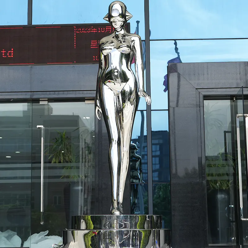 Large Rotate Robot Girl Sculpture Led Light Stainless Steel Figure Sculpture