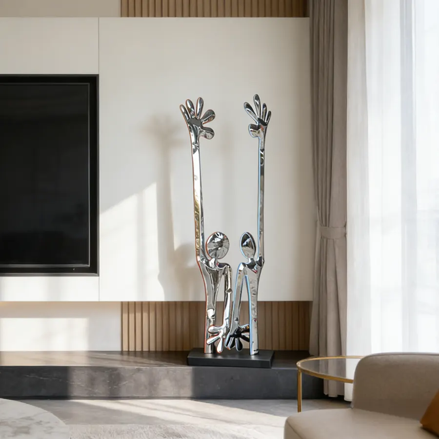 Modern Stainless Steel Figure Sculpture with Raised Arms for Interior Decoration