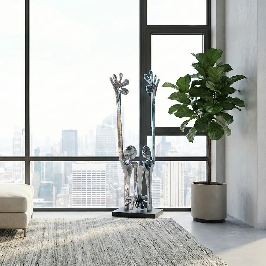 Modern Stainless Steel Figure Sculpture with Raised Arms for Interior Decoration