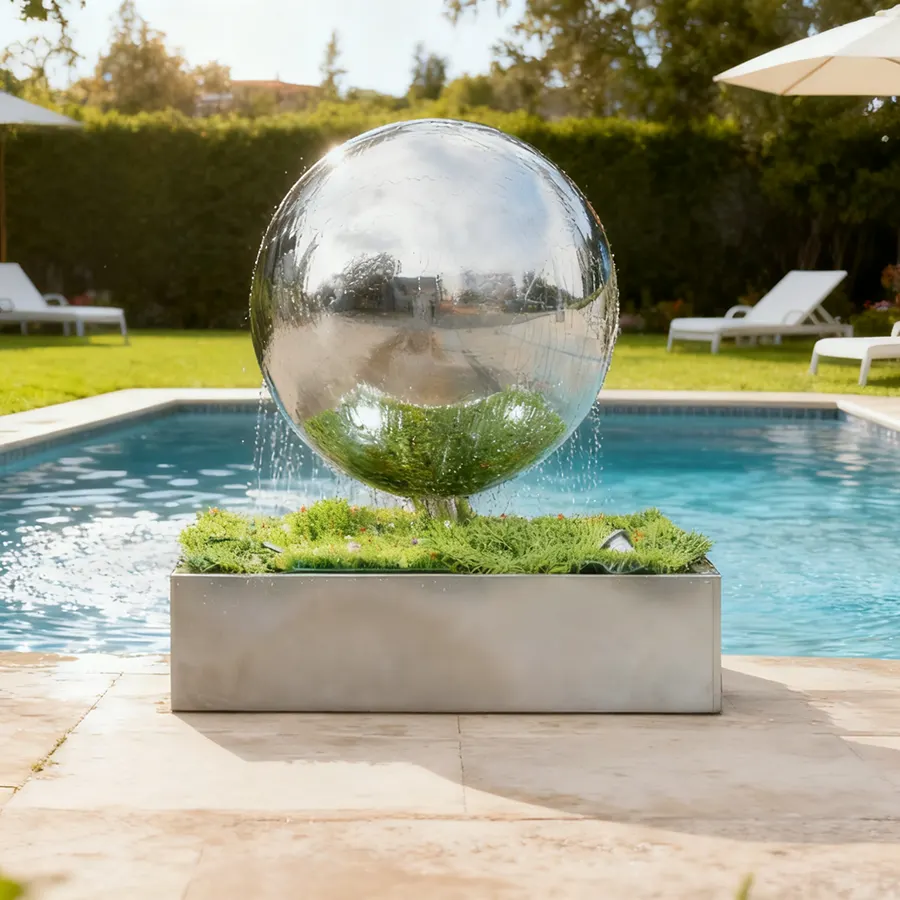 Stainless Steel Sphere Fountain Sculpture | Modern Pool Water Feature for Luxury Outdoor Decor