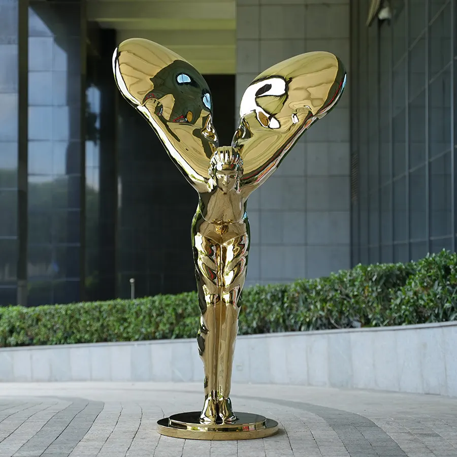 Golden Stainless Steel Angel Sculpture | Luxury Hotel Lobby Centerpiece Art