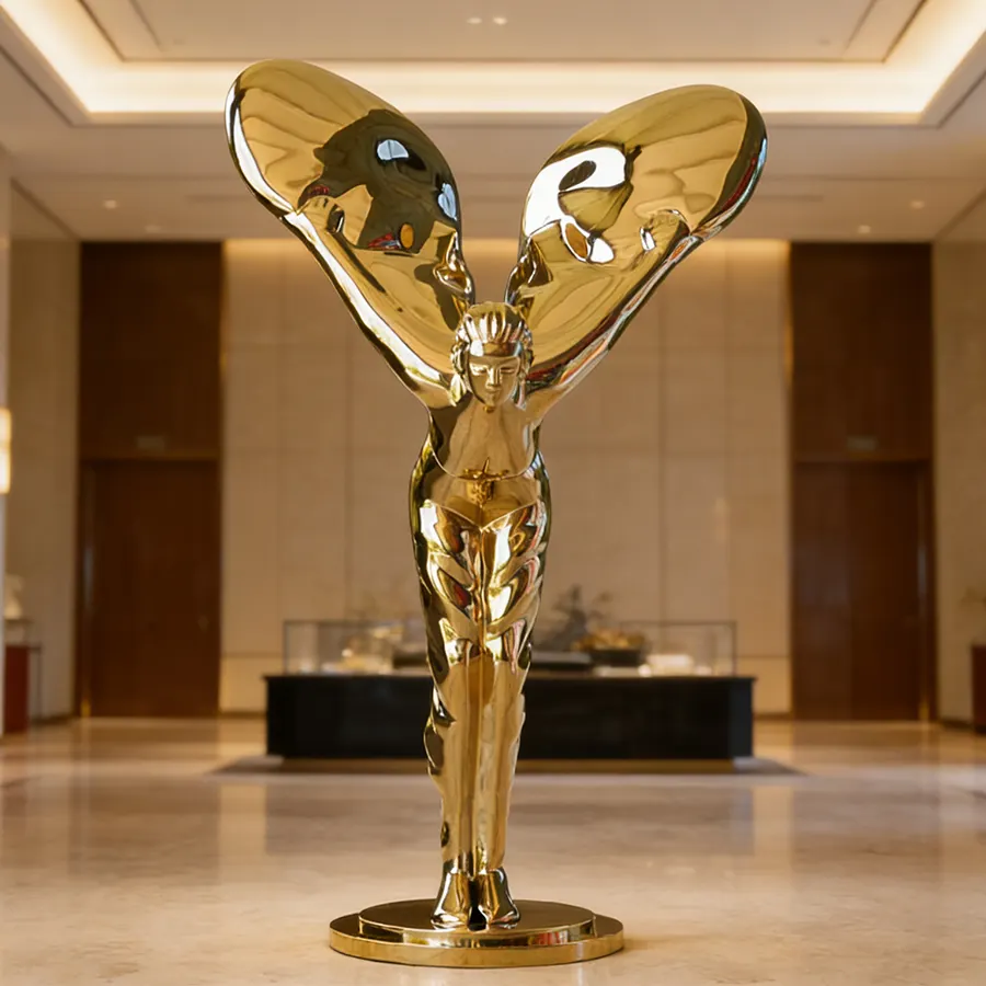 Golden Stainless Steel Angel Sculpture | Luxury Hotel Lobby Centerpiece Art