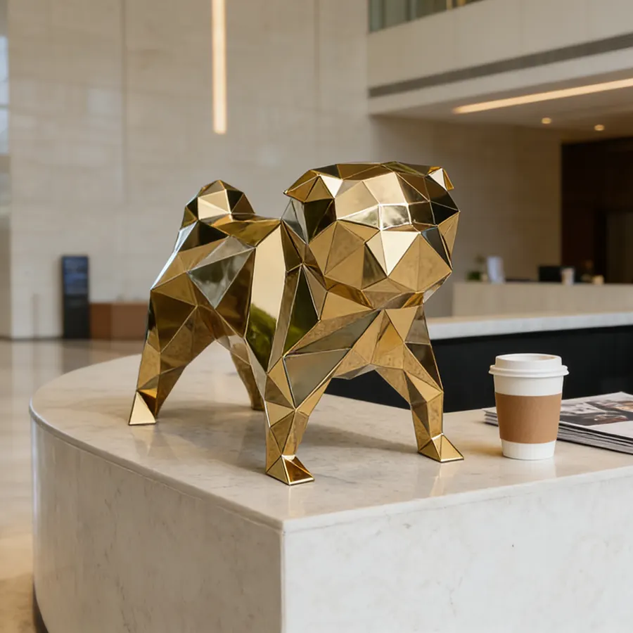 Modern Geometric Bulldog Stainless Steel Sculpture for Interior Decor