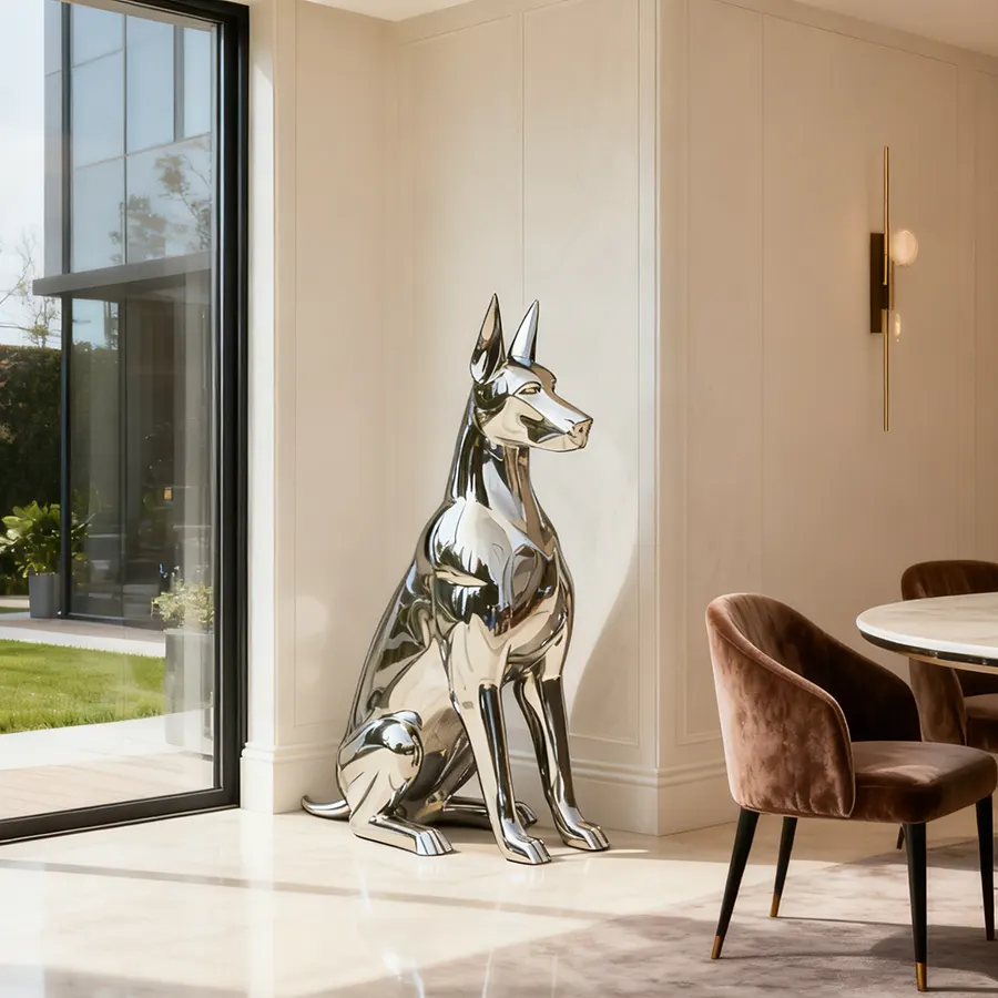 Stainless Steel Doberman Sculpture for Home Decor – Modern Metallic Art for Interior Design