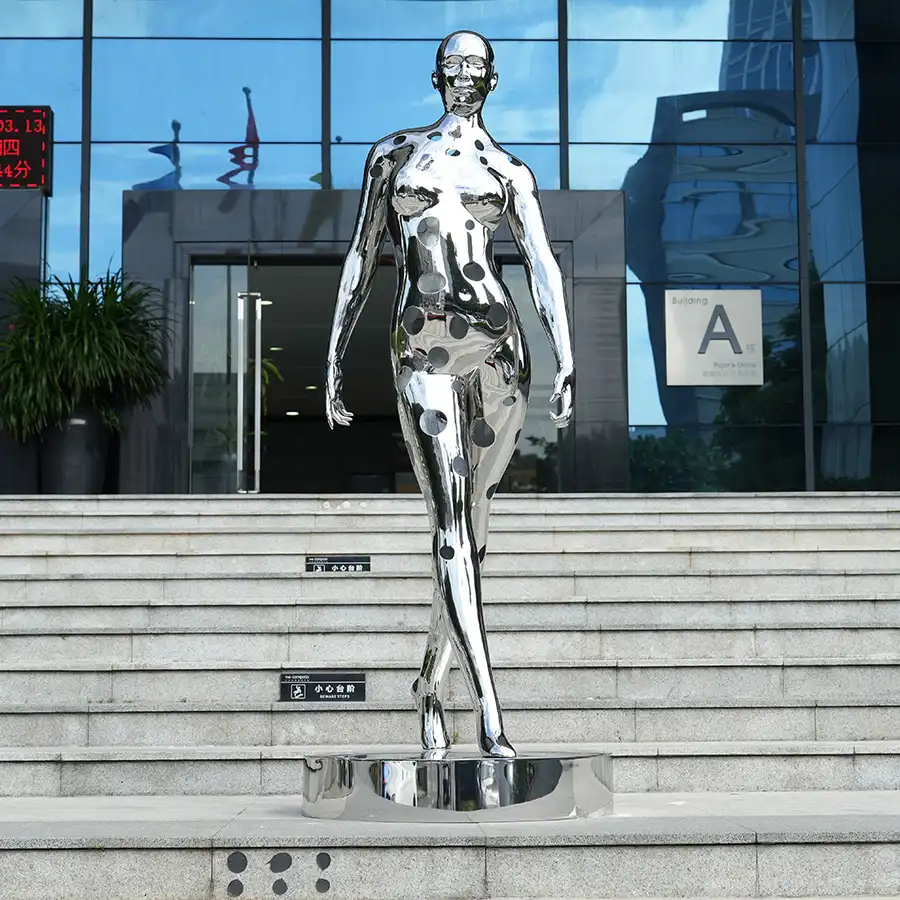 Polished Stainless Steel Figure Sculpture with Dotted Design – Luxury Art for Modern Interiors