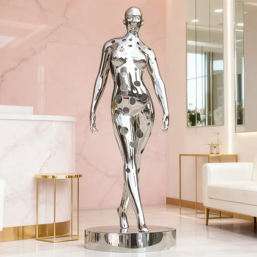 Polished Stainless Steel Figure Sculpture with Dotted Design – Luxury Art for Modern Interiors