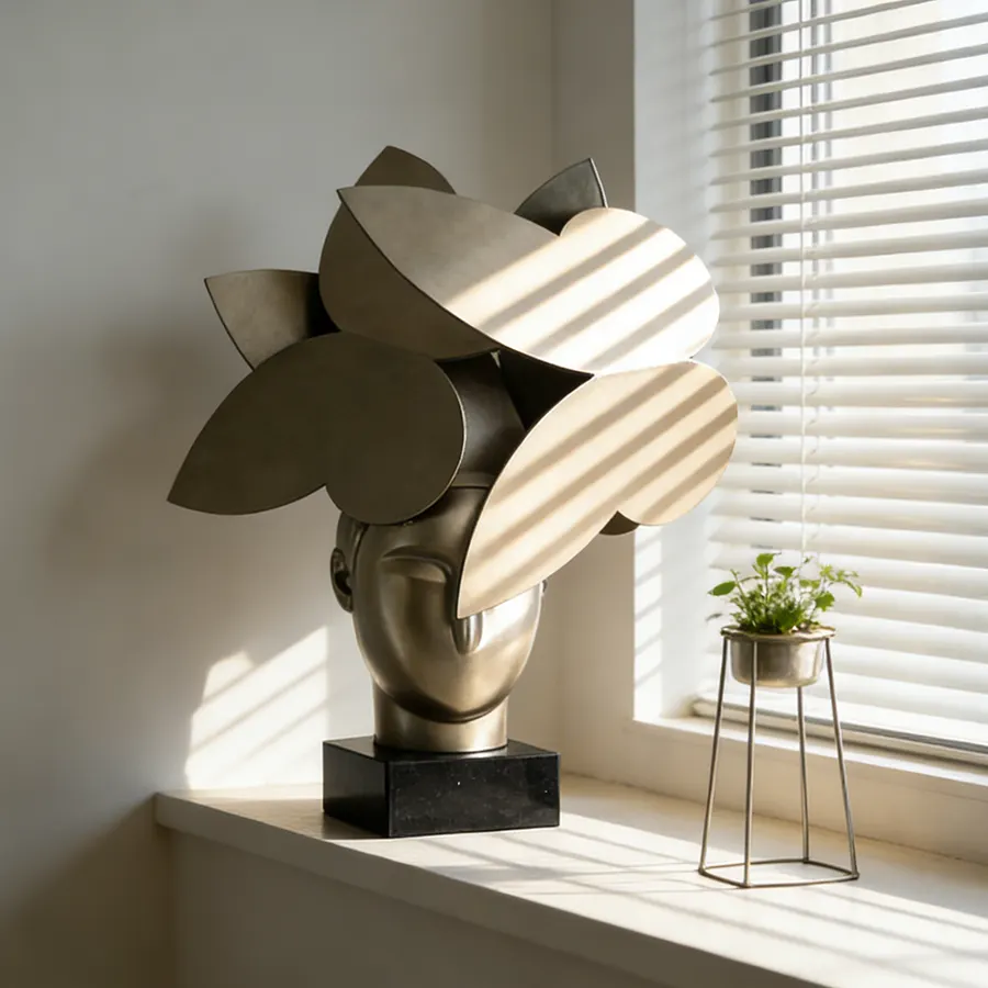 Abstract Stainless Steel Head Sculpture with Layered Petal Forms for Interior Décor