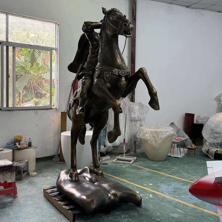 Bronze-Style Fiberglass Warrior on Horseback Sculpture | Heroic Equestrian Statue for Interior Décor