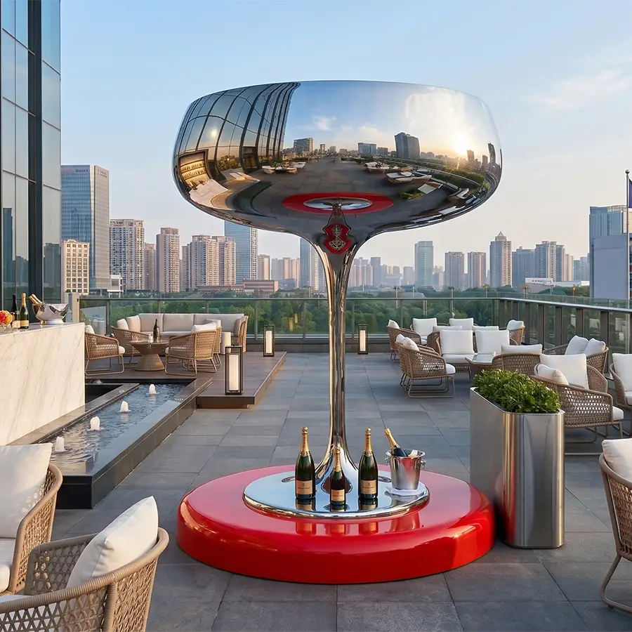 Modern Stainless Steel Wine Glass Sculpture for Luxury Outdoor & Rooftop Decor