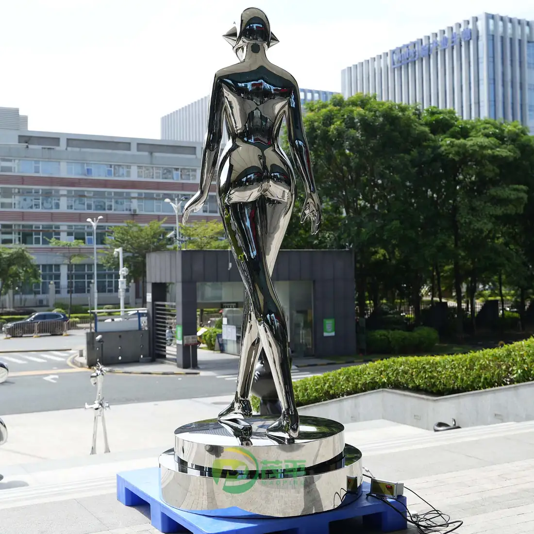Revolving Light Female Robot Stainless Steel Sculpture