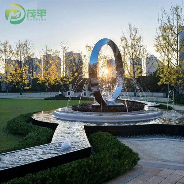Large Modern Outdoor Ring Metal Sculpture Fountain