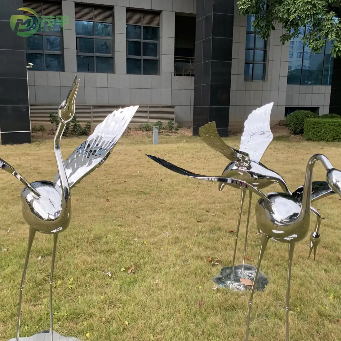 Set Of Three Cranes Stainless Steel Sculptures