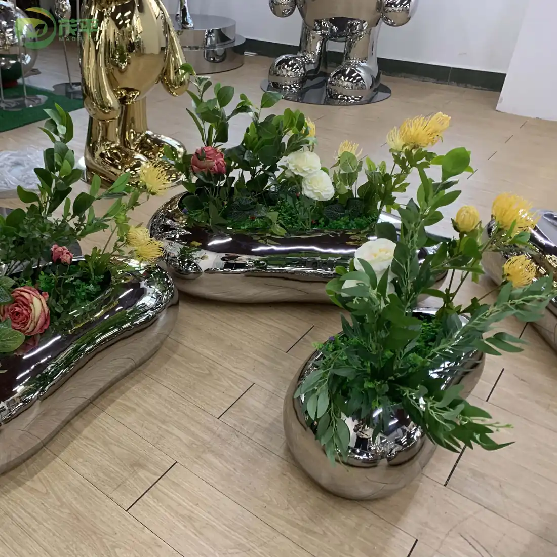 Stone Flower Pot Stainless Steel Sculpture
