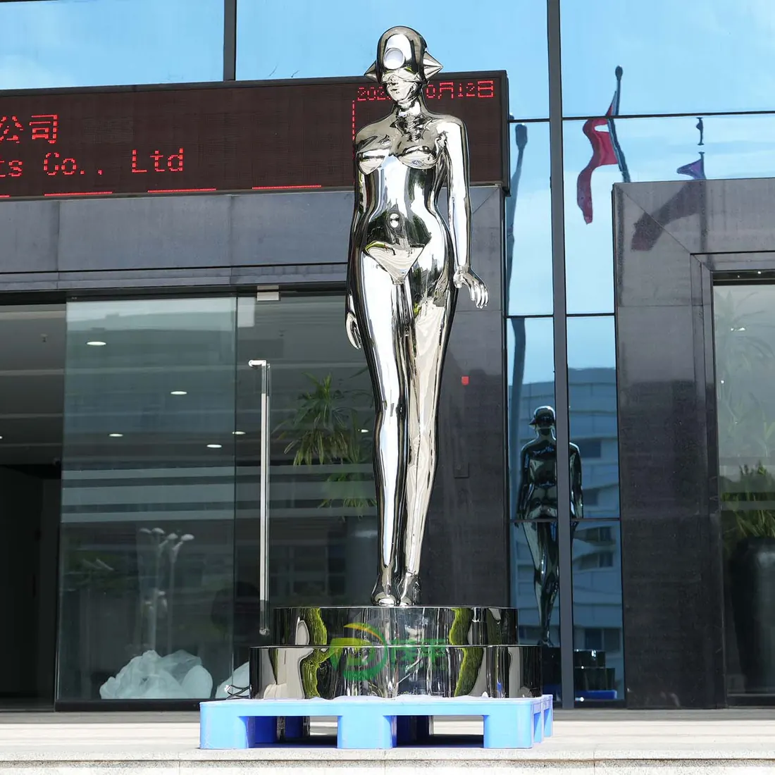 Revolving Light Female Robot Stainless Steel Sculpture