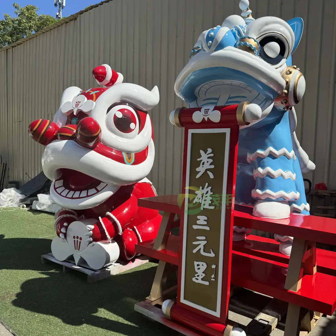 Painted Lion Dance Stainless Steel Sculpture