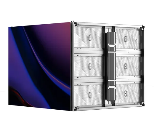 Rear view of the outdoor fixed LED cabinet showing aviation plug power and signal connectors
