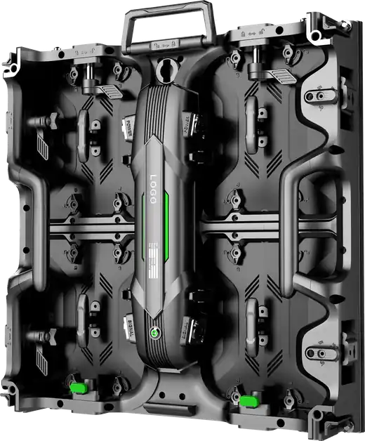 Rear view of the rental LED screen cabinet showing front and rear service access and power connectors