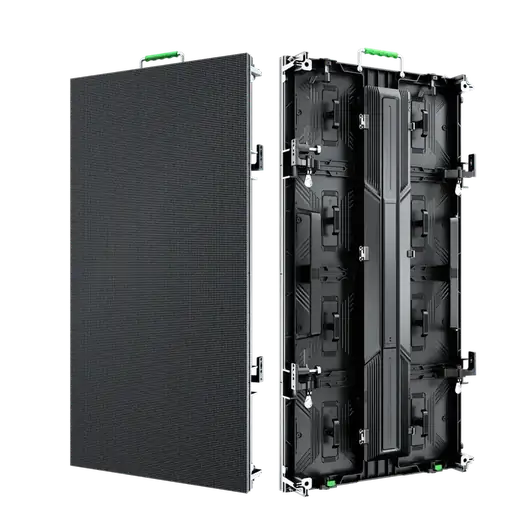 Rear view of the rental LED cabinet showing front and rear service access and power connectors