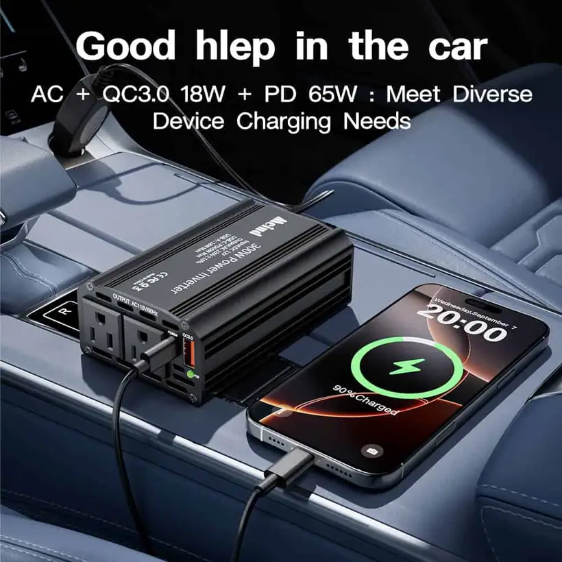 300W Modified Sine Wave Power Inverter with EU, Dual American Sockets USB QC 3.0 5.4A detail 2