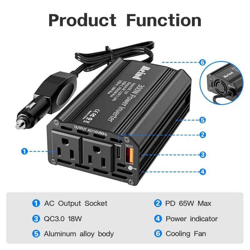 300W Modified Sine Wave Power Inverter with EU, Dual American Sockets USB QC 3.0 5.4A detail 4