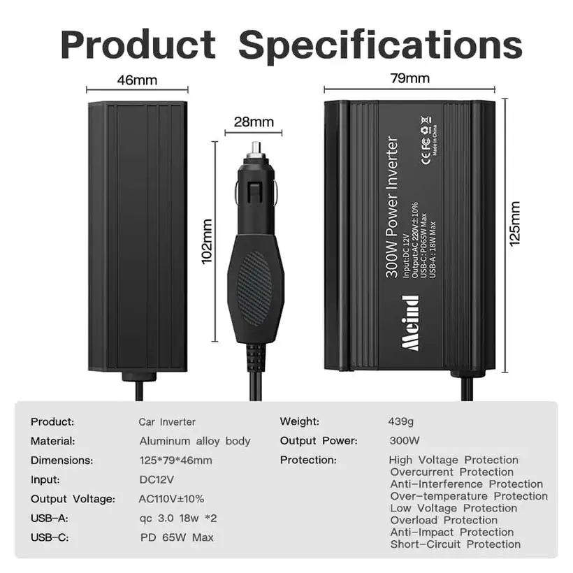 300W Modified Sine Wave Power Inverter with EU, Dual American Sockets USB QC 3.0 5.4A detail 5