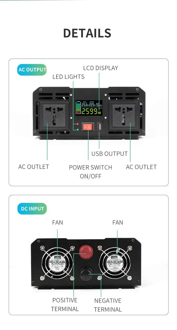 1000W DC 12V/24V/48V to AC 110V/220V Pure Sine Wave Power Inverter with LCD Display detail 6