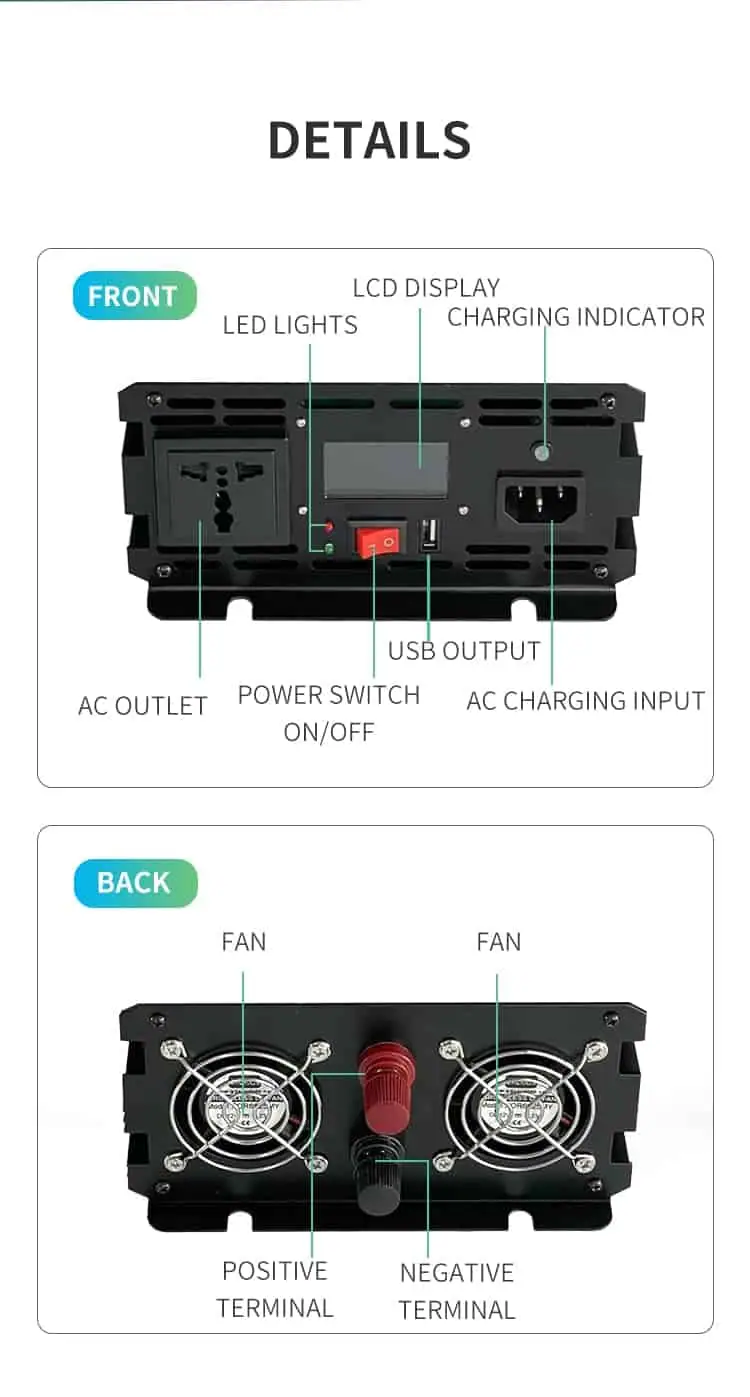 DC 12V/24V to AC 110V/220V Modified Sine Wave 1000W Power Inverter with Charger&UPS LCD Display detail 6