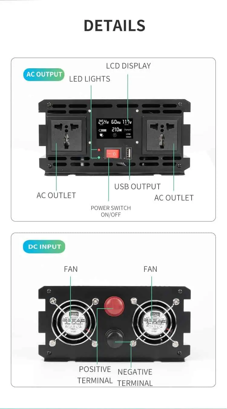 1500 Watt Inverter DC 12V/24V/48V to AC 110V/220V Modified Sine Wave Peak 3000W detail 6