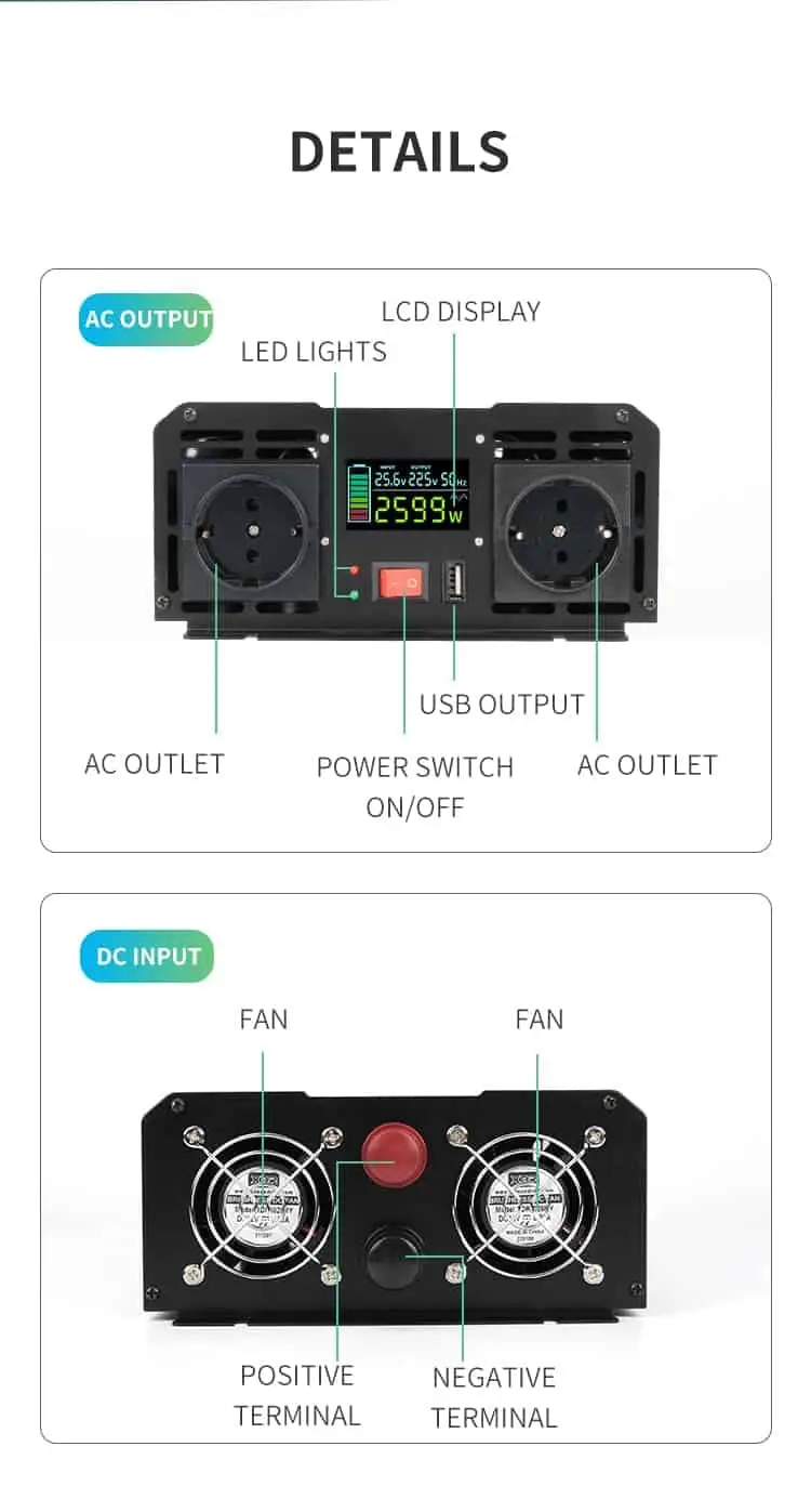 1500W DC 12V/24V/48V to AC 110V/220V Pure Sine Wave Power Inverter with LCD Display detail 6