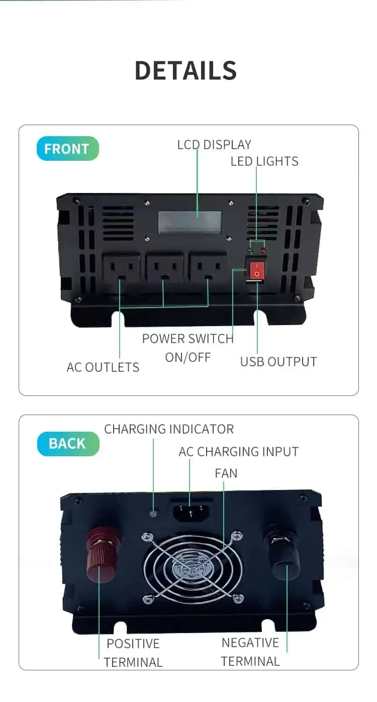 DC 12V/24V to AC 110V/220V Pure Sine Wave 1500W Power Inverter with Charger UPS LCD Display detail 6